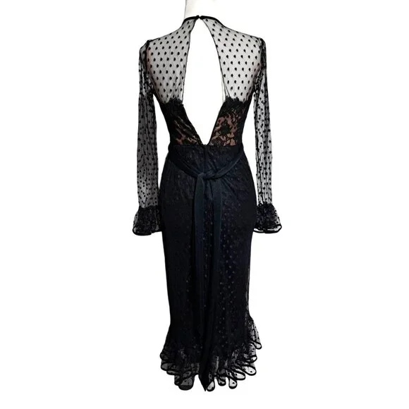 Vintage 70s Jack Bryan Black Gothic Polka Dot Lace Ruffled Midi Dress Sz 4 Emo M - Picture 2 of 12